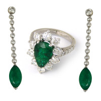 Crivelli set of earrings and ring, white gold, diamonds, emeralds
